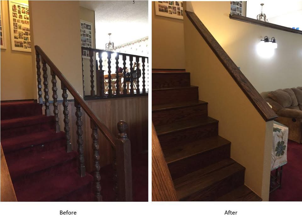 Before-and-after of a staircase remodel, from a carpeted rail to refinished wood stairs and railing