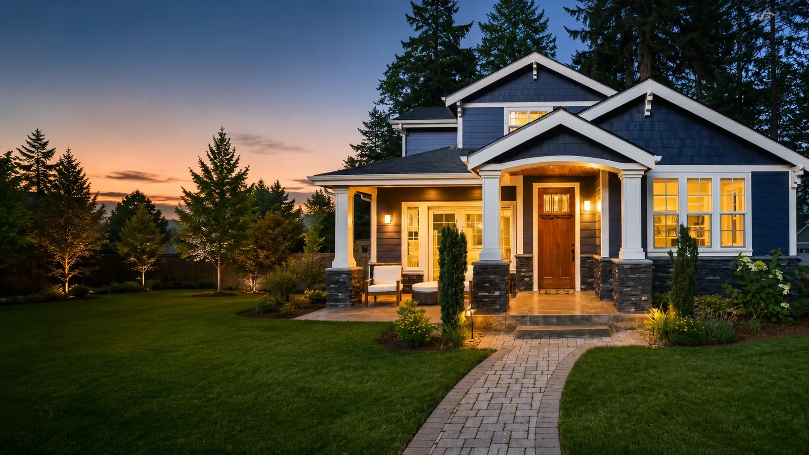 A finished custom home at dusk with warm-lit windows and a covered craftsman porch, built by All Stiles Contracting